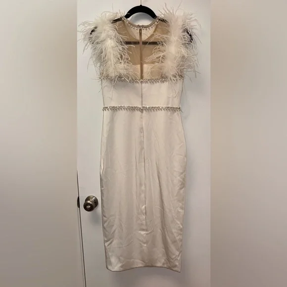 NWOT MAC DUGGAL FEATHER CAP SLEEVE PEARL EMBELLISHED T-LENGTH FIT DRESS sz 6 - Picture 9 of 11